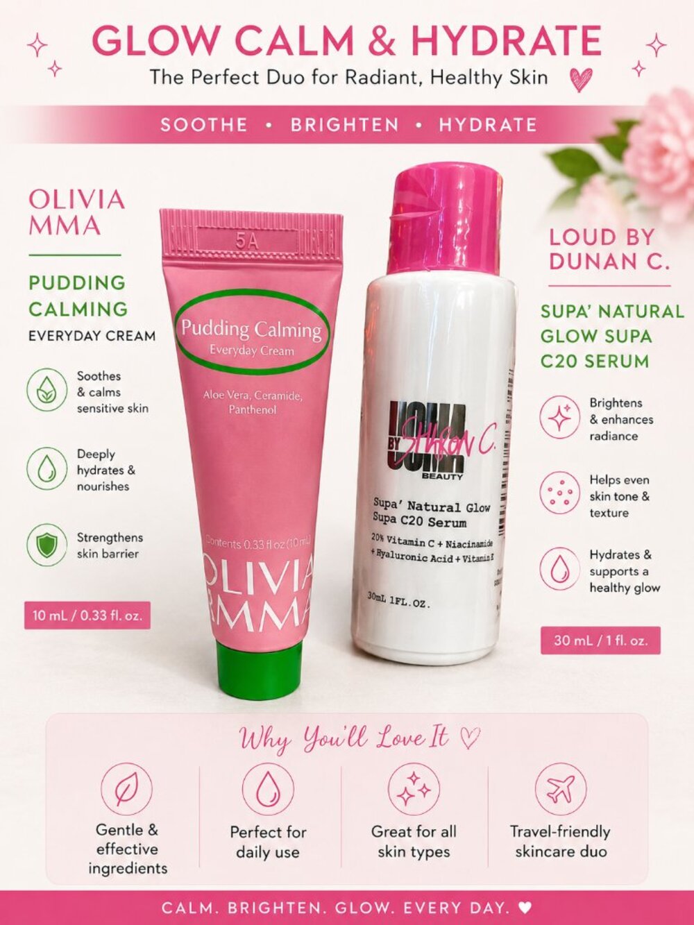 OliviaUmma Calming Everyday Cream 10ml + UOMA Supa Natural Glow C20 Serum Duo